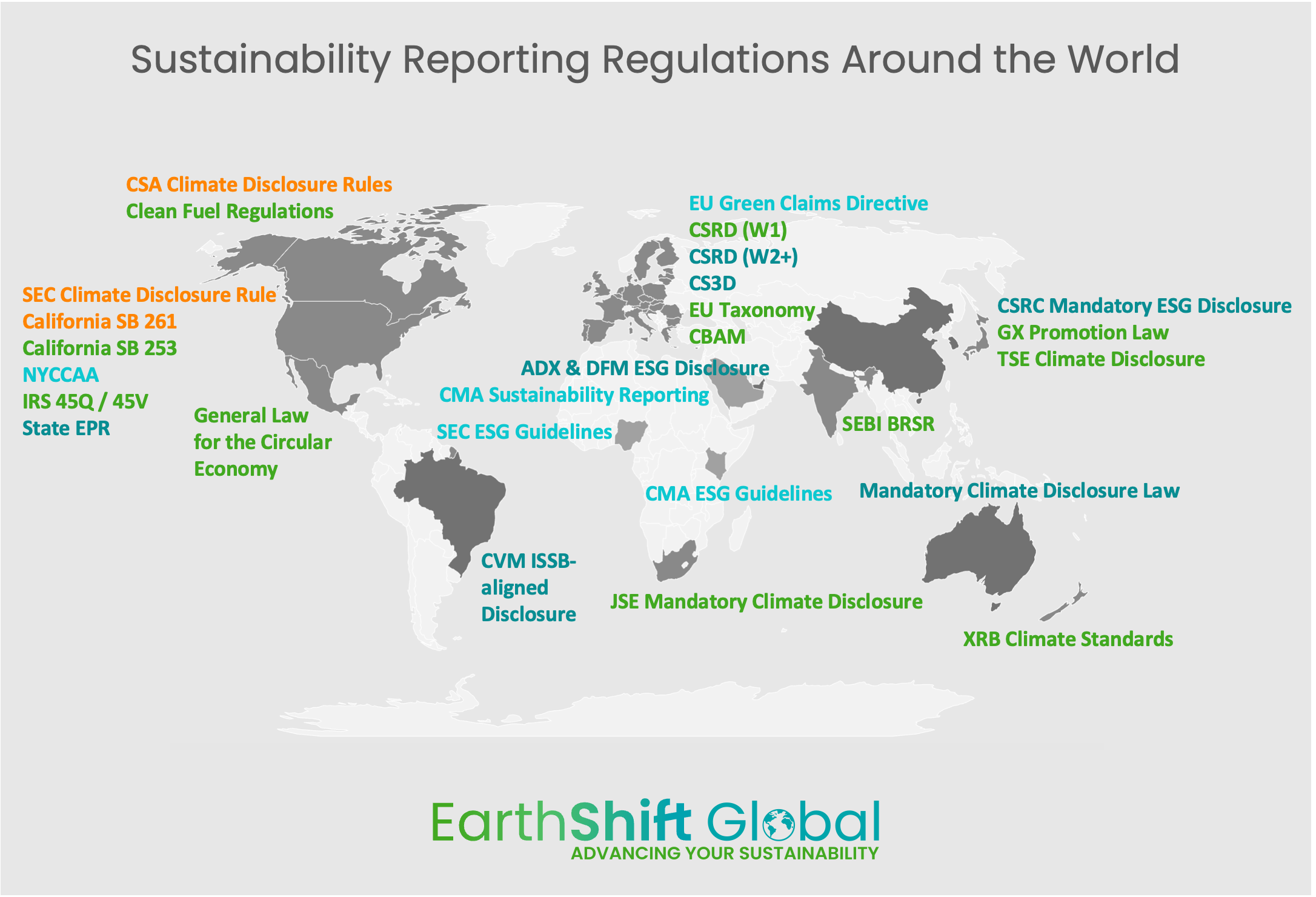 World map showing sustainability reporting regulations by region, including CSRD, CBAM, SEC Climate Disclosure Rule, California SB 253, and others across the US, EU, Asia, Australia, Africa, and Latin America