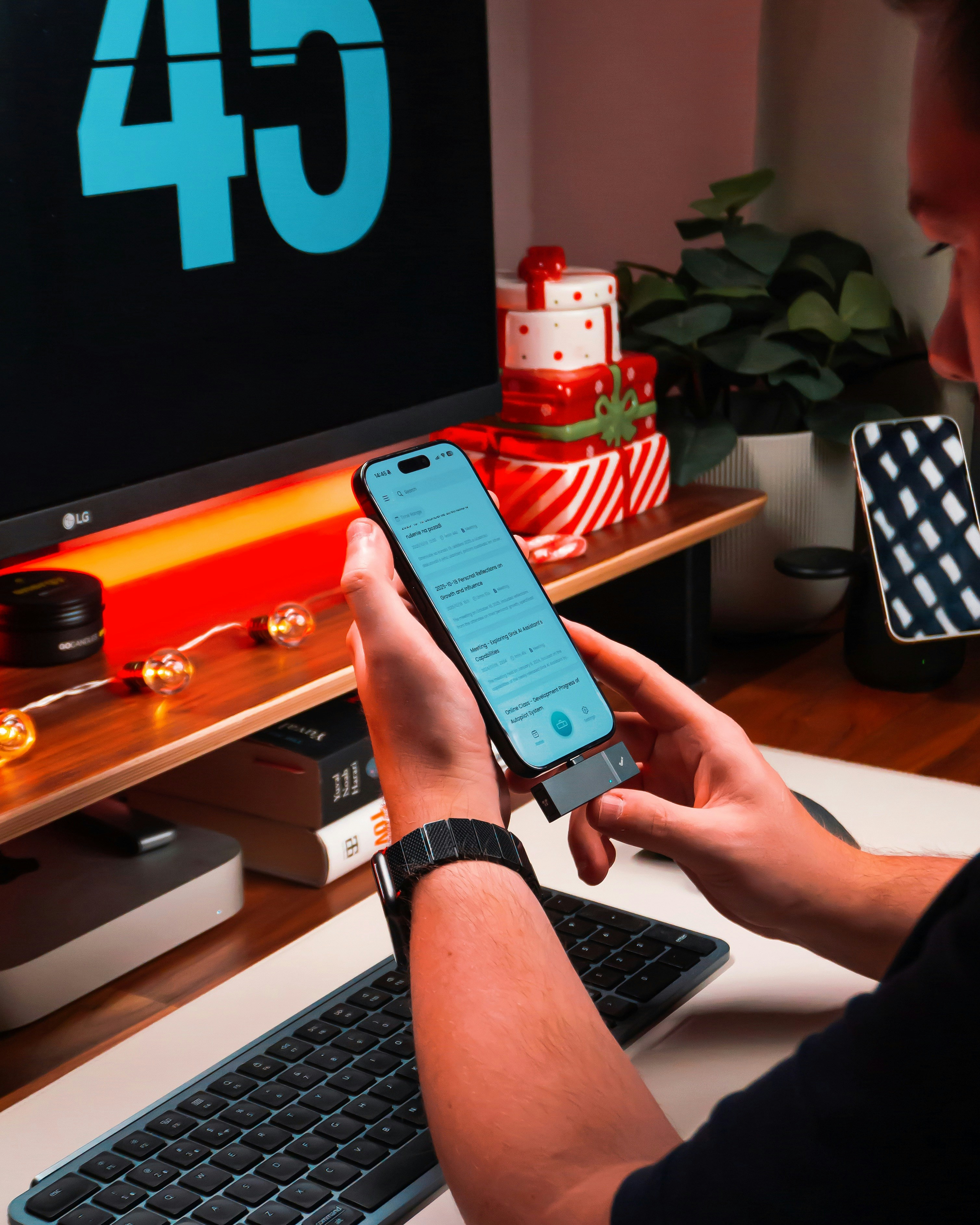 computer monitor and with hands holding a cellphone in front of it